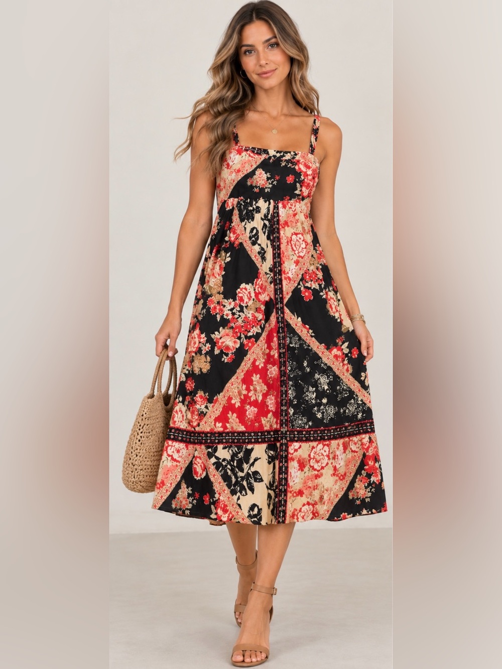 B.O.G Collective Floral Patchwork Maxi Dress in Black & Red NWT Size Med